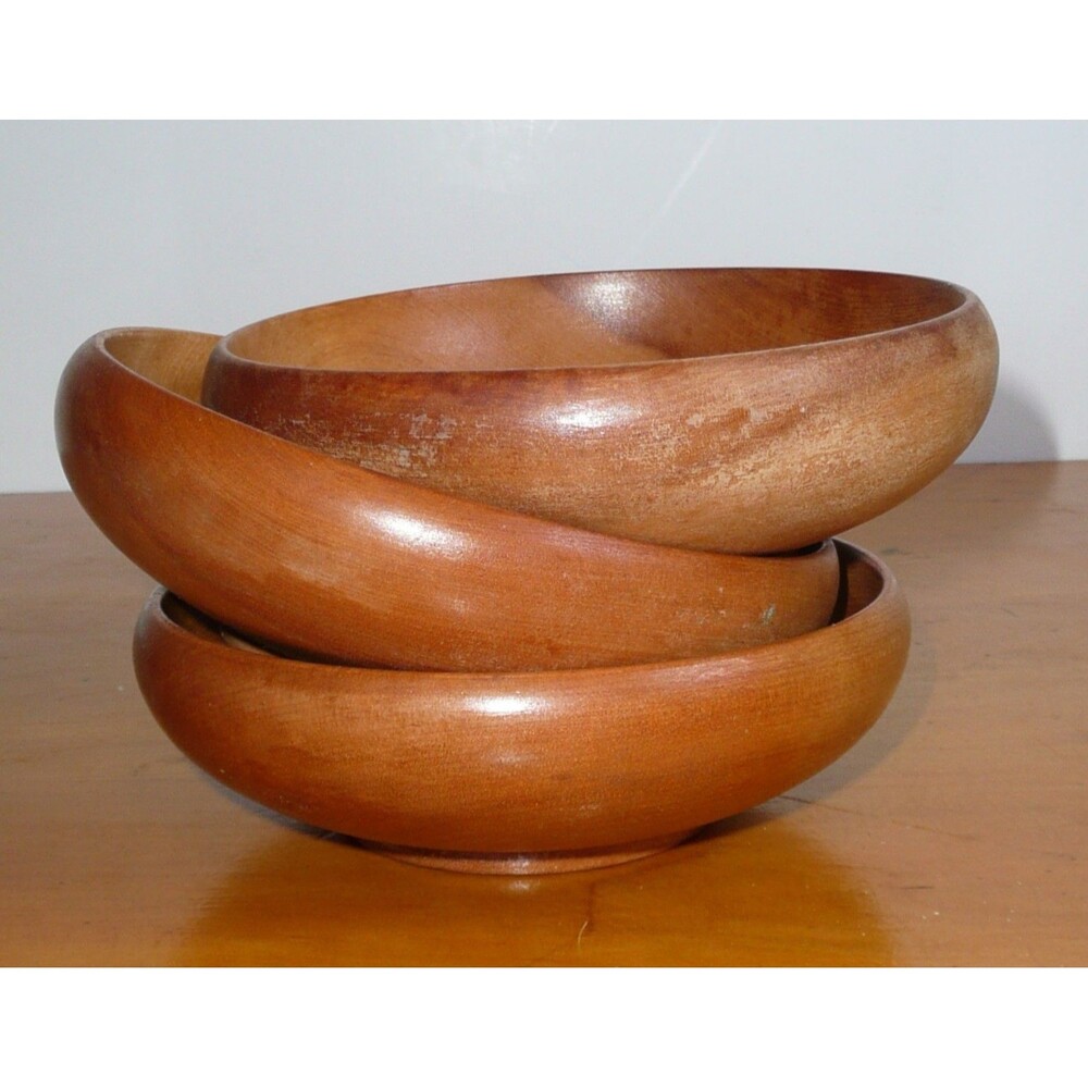 Vintage Mid Century Modern Wood Salad Snack Bowls Set of 3 Brown 6 Inch